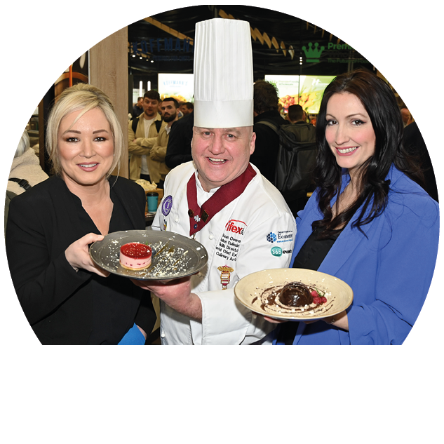 Recipe for Success at IFEX: Thousands attend food, drink, retail, foodservice and hospitality event at TEC Belfast.   First Minister, Michelle O’Neill, and deputy First Minister, Emma Little Pengelly, attended Day Two of the event, and are pictured with Sean Owens, Salon Culinaire Director, IFEX.   IFEX runs until 4pm on Thursday 7th March and visitors can register at www.IFEXexhibition.co.uk   Photo by Simon Graham