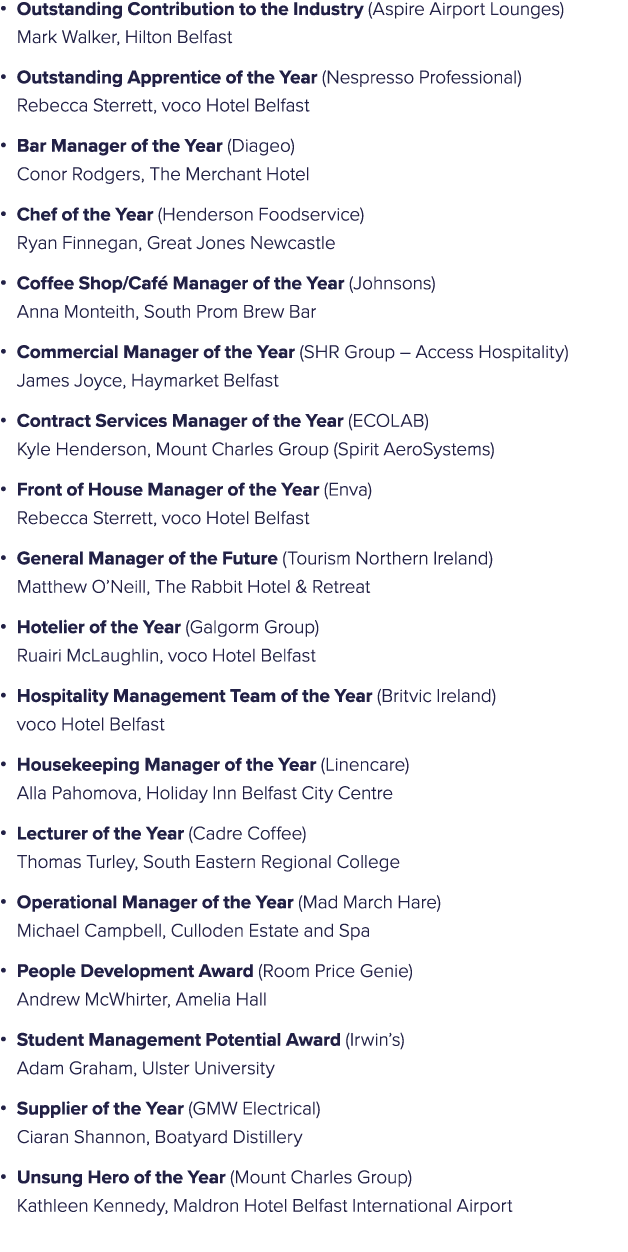 • Outstanding Contribution to the Industry (Aspire Airport Lounges) Mark Walker, Hilton Belfast • Outstanding Apprent...