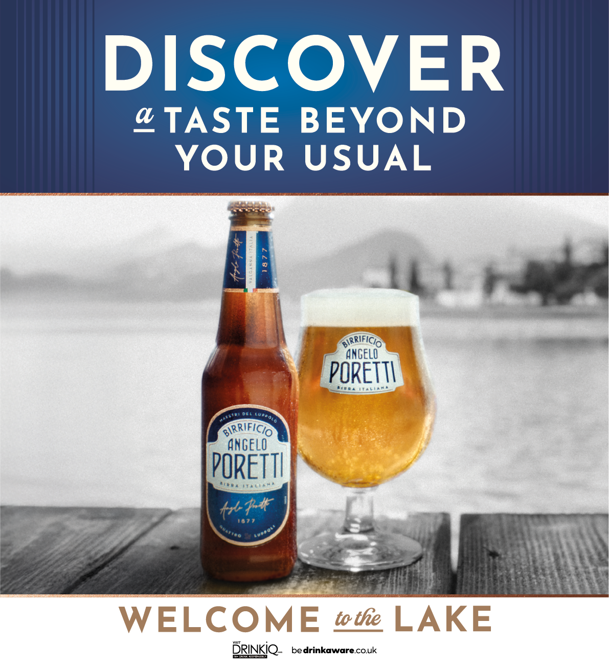 A bottle and a glass of Angelo Poretti beer are placed on a wooden surface with a blurred outdoor background and text inviting to discover a taste beyond the usual and welcoming to the lake. Description generated by AI
