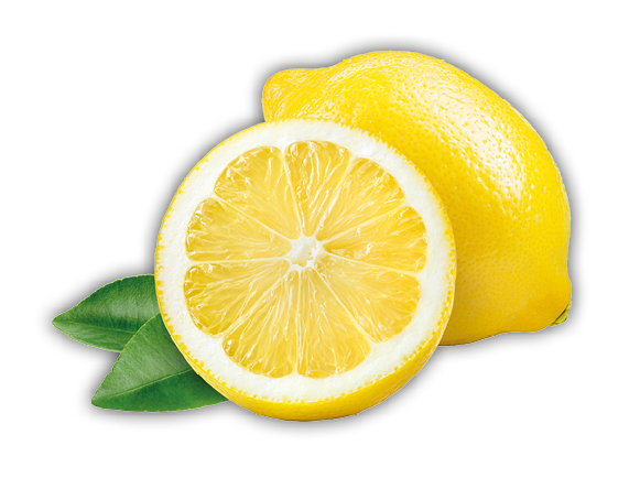 A whole lemon and a half lemon with two green leaves are shown on a white background. Description generated by AI