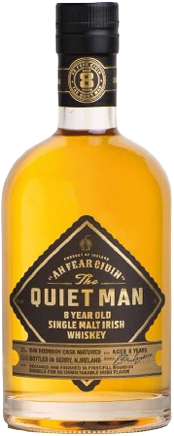 A bottle of An Fear Cuain The Quiet Man 8-year-old single malt Irish whiskey with a black and gold label and black cap. Description generated by AI