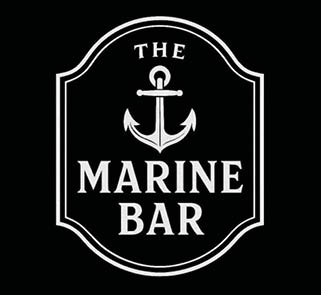 A black and white logo with an anchor icon above the text “THE MARINE BAR" enclosed in a decorative border. Description generated by AI