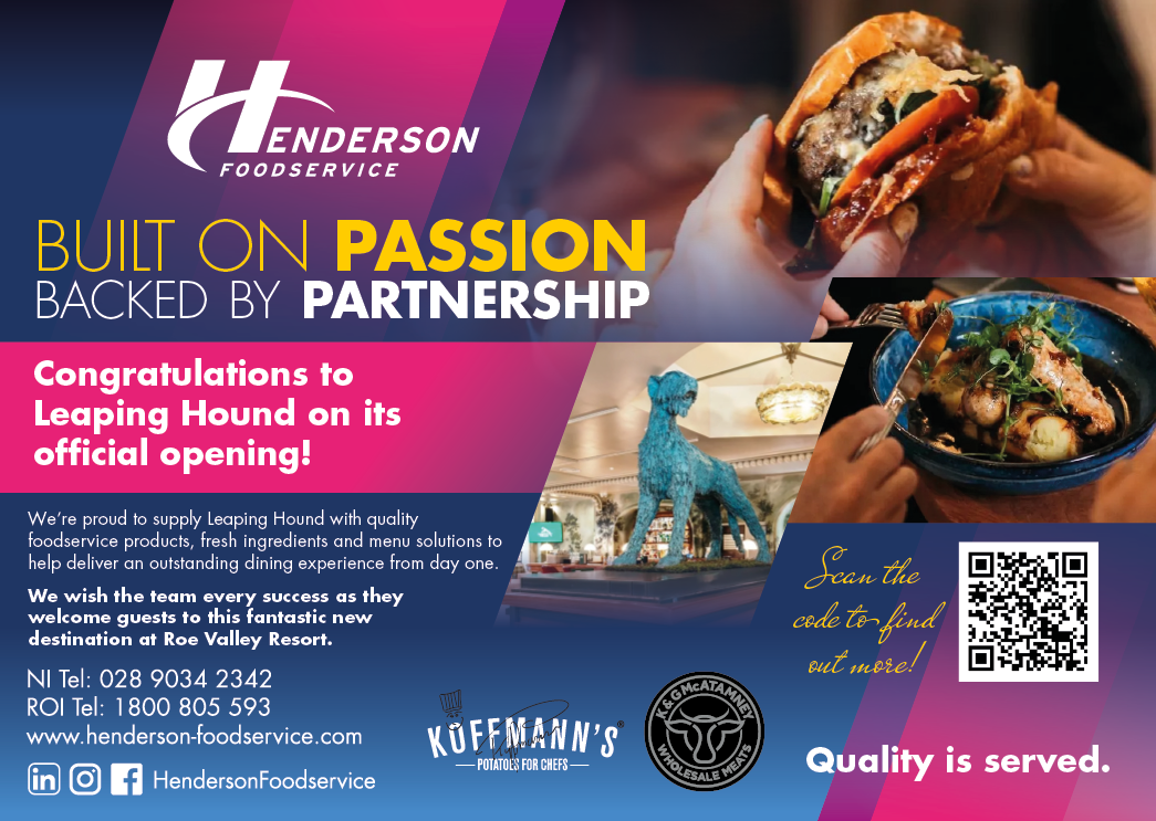 A colorful promotional graphic celebrates the official opening of Leaping Hound with images of a hand holding a burger and a bowl of food, alongside text highlighting Henderson Foodservice's commitment to quality and partnership. Description generated by AI