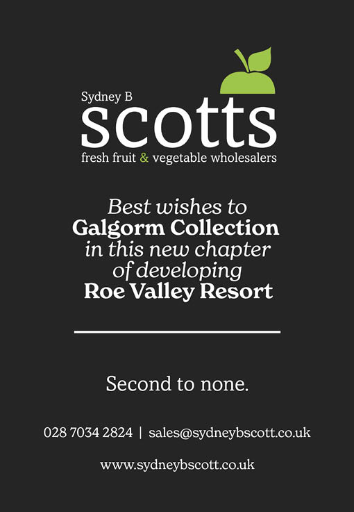 A black background with white and green text featuring the Sydney B Scotts logo with a green apple graphic and a message wishing best wishes to Galgorm Collection for developing Roe Valley Resort, followed by contact information and the slogan Second to none. Description generated by AI