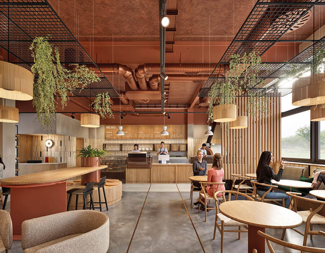 A modern caf interior with wooden furniture, hanging plants, warm lighting, and people sitting and interacting near the counter and windows.  Description generated by AI