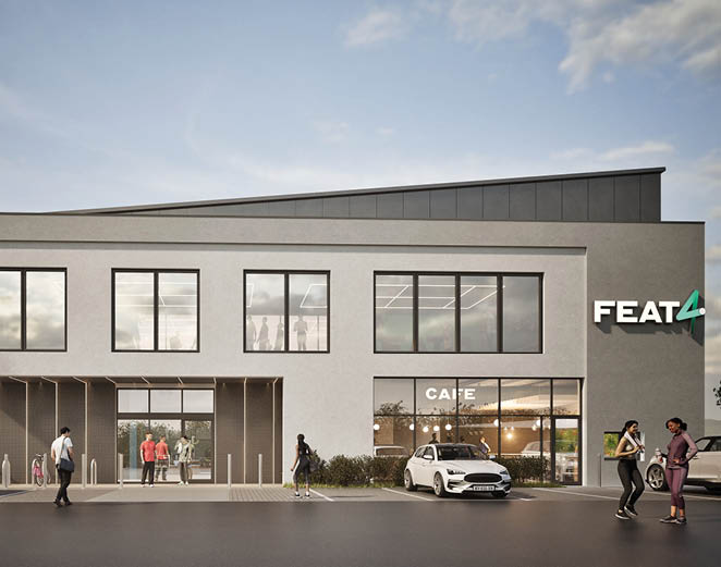 A modern building with large windows labeled FEAT4 and CAFE has several people walking and standing outside near parked cars on a clear day. Description generated by AI