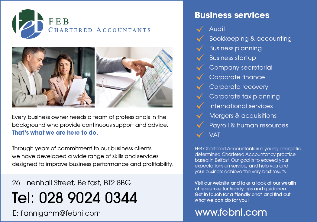 Two adults in business attire review documents together while another person points at a tablet, alongside text detailing accounting and business services offered by FEB Chartered Accountants with contact information. Description generated by AI