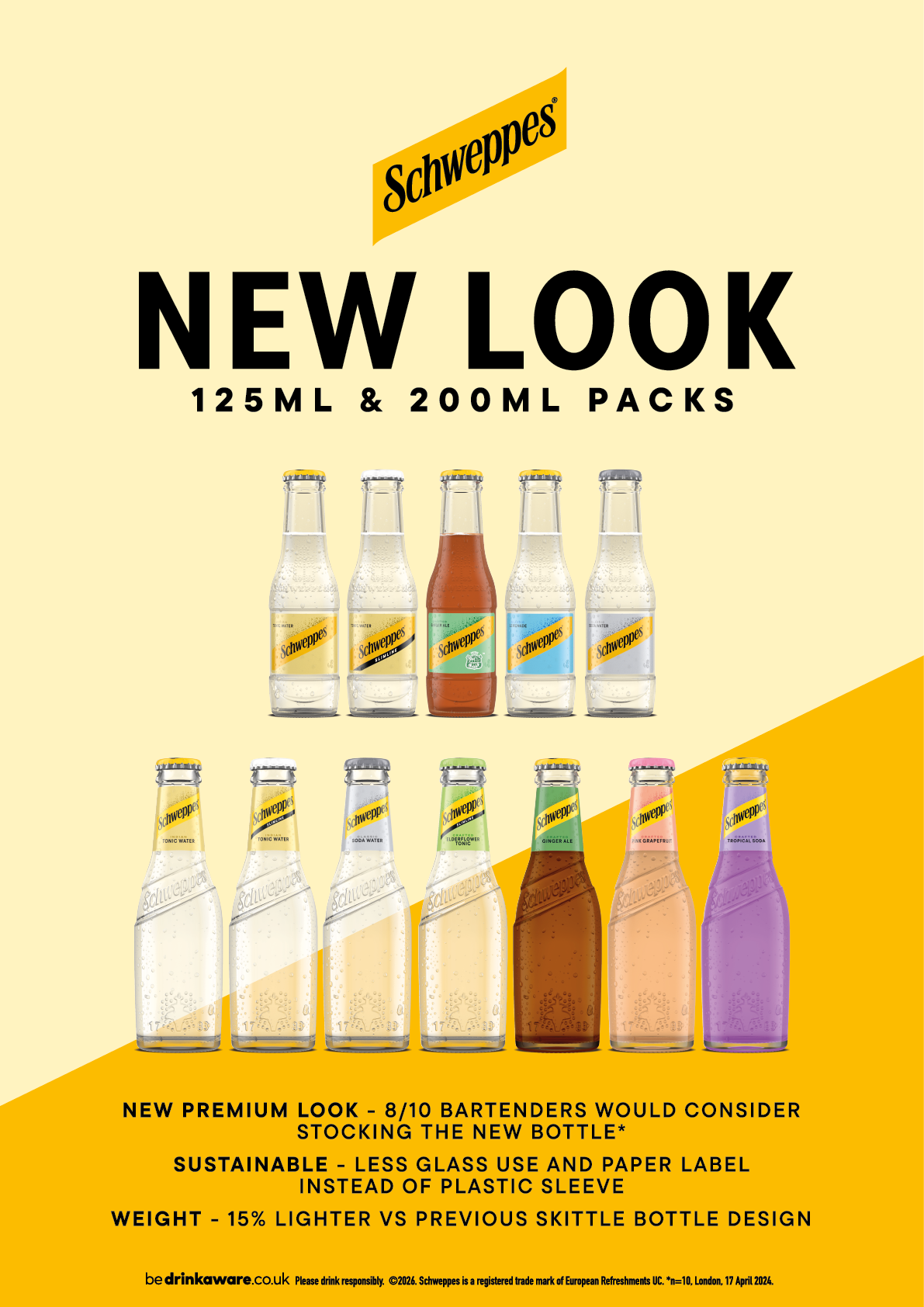 Schweppes advertisement showcasing a new look for 125ml and 200ml packs with images of various clear and colored beverage bottles arranged in two rows on a yellow and cream background. Description generated by AI