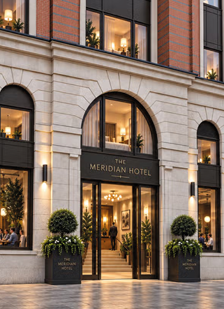 The entrance of The Meridian Hotel features large arched glass doors, elegant lighting, potted plants, and people visible inside and near the doorway. Description generated by AI