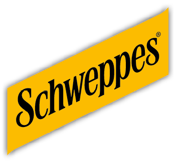 The word “Schweppes" is displayed in bold black letters on a diagonal golden yellow banner against a white background. Description generated by AI