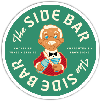 A circular logo with a senior person in a red jacket holding a cocktail shaker and glass, surrounded by the text “The Side Bar" and phrases about cocktails, wines, spirits, charcuterie, and provisions. Description generated by AI