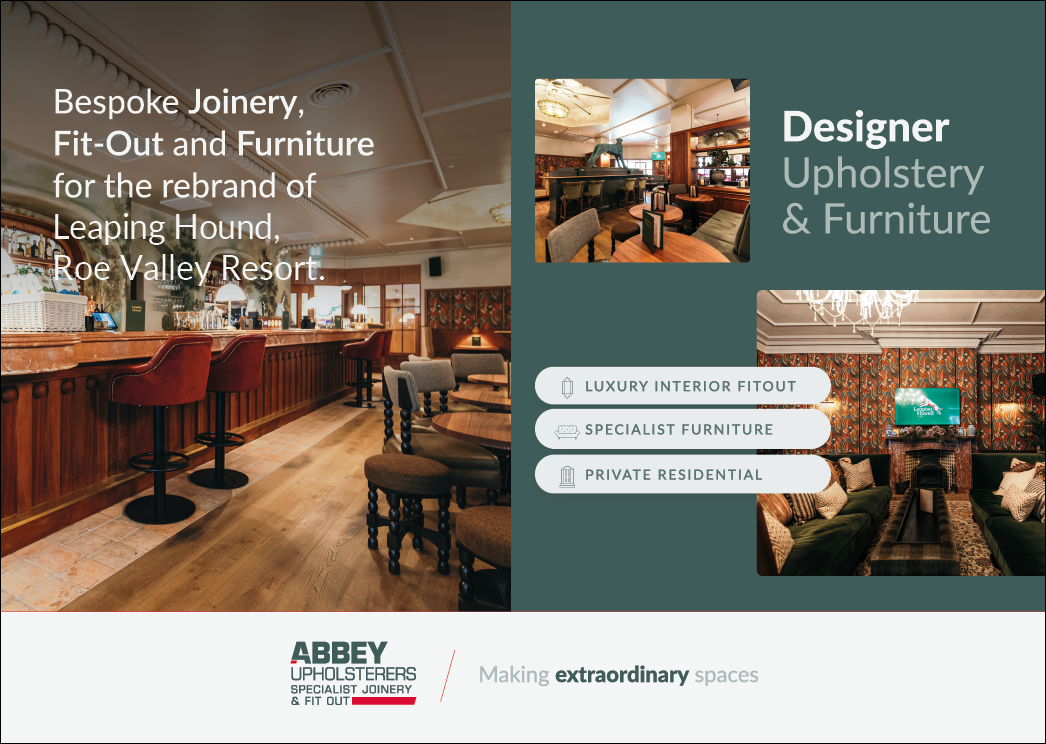 A promotional graphic showcases bespoke joinery, fit-out, and furniture services for the rebrand of Leaping Hound, Roe Valley Resort, featuring images of a stylish bar and a cozy, vintage-inspired lounge area. Description generated by AI