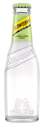 A clear glass bottle of Schweppes Slimline Crafted Elderflower Tonic with a green cap and embossed branding. Description generated by AI