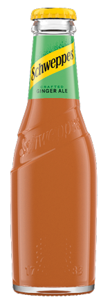A glass bottle of Schweppes crafted ginger ale with a yellow cap and green label. Description generated by AI