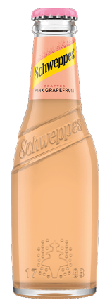 A glass bottle of Schweppes crafted pink grapefruit soda with a pink cap and embossed branding on the bottle. Description generated by AI