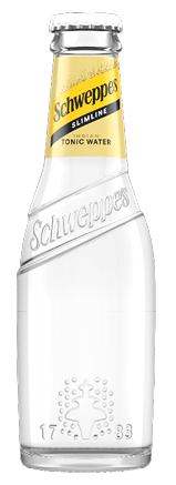 A clear glass bottle of Schweppes Slimline Indian Tonic Water with a yellow label on the neck and embossed branding on the bottle. Description generated by AI