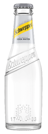 A clear glass bottle of Schweppes Classic Soda Water with embossed branding and a silver cap. Description generated by AI