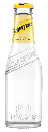 A clear glass bottle of Schweppes Indian Tonic Water with a yellow label and cap. Description generated by AI