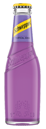 A purple glass bottle of Schweppes crafted tropical soda with a yellow and purple label and a yellow bottle cap. Description generated by AI