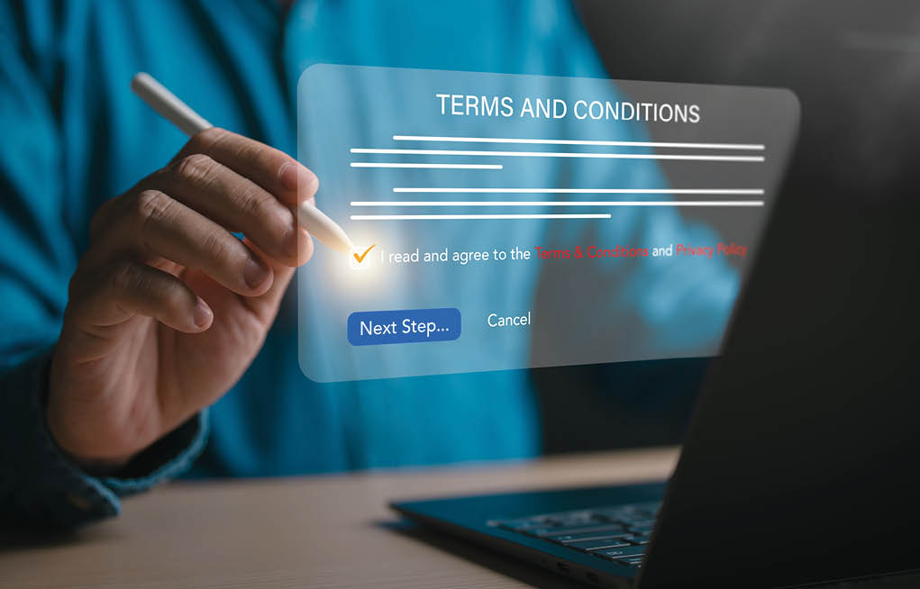 Accept Terms of use concept. Businessman reading terms and conditions of website or application then click button to go Next Step progress. Tick check mark for agree to contract term and condition.