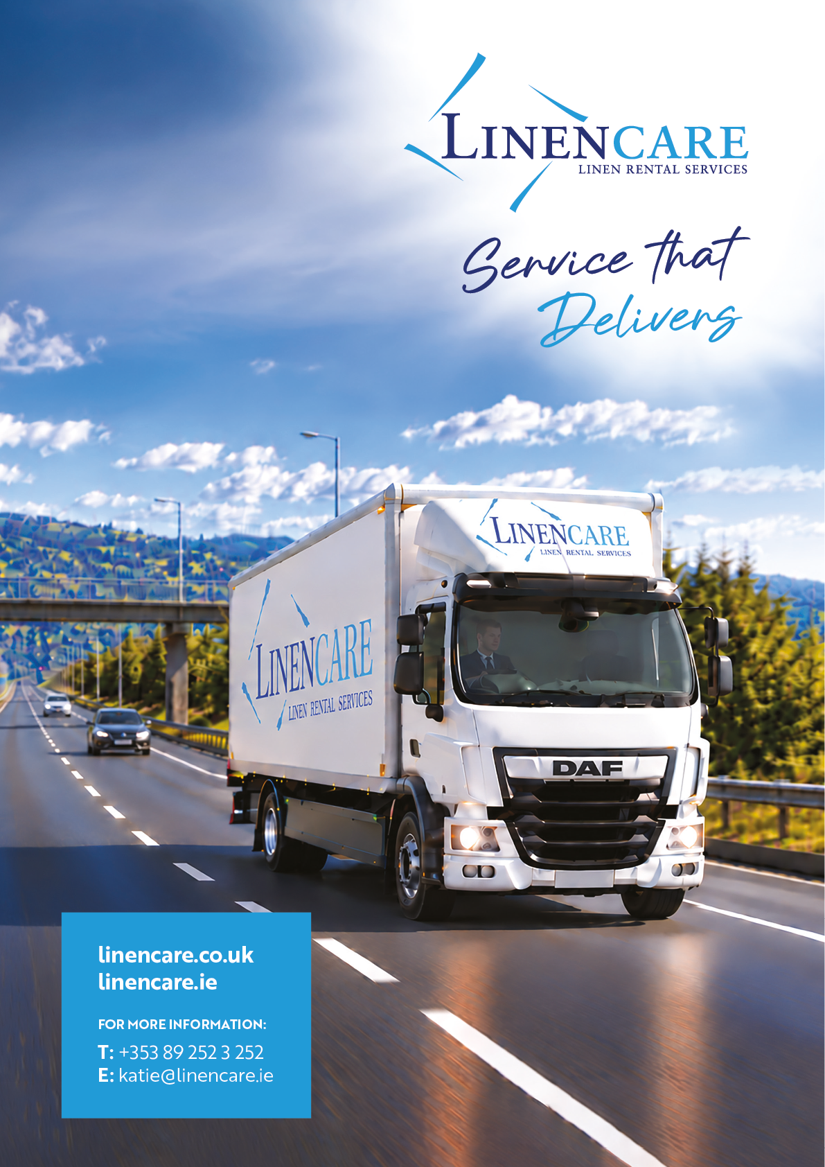 A white delivery truck with Linencare branding is driving on a highway under a blue sky with scattered clouds, accompanied by text promoting Linencare's rental services and contact information. Description generated by AI