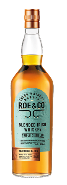 A bottle of Roe & Co blended Irish whiskey with a turquoise label and copper-colored cap. Description generated by AI