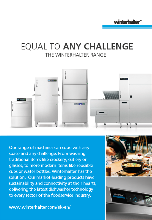 A promotional display shows a range of industrial dishwashing machines with a text block highlighting their capability to handle various washing challenges and sustainability in the foodservice industry. Description generated by AI