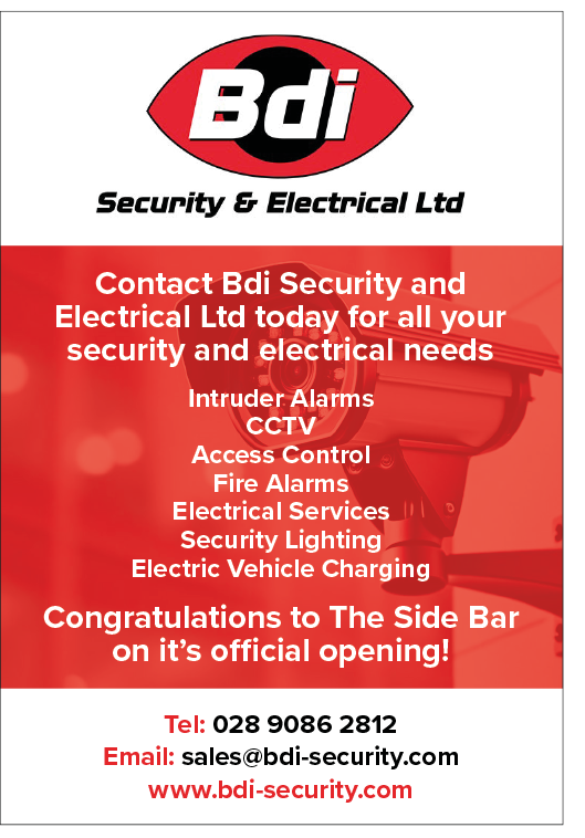 Advertisement for Bdi Security and Electrical Ltd promoting their services including intruder alarms, CCTV, access control, fire alarms, electrical services, security lighting, and electric vehicle charging, along with congratulations to The Side Bar on its official opening. Description generated by AI