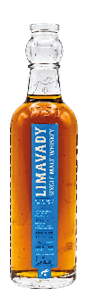 A clear glass bottle filled with amber liquid labeled Limavady Single Malt Whisky with a blue vertical label. Description generated by AI