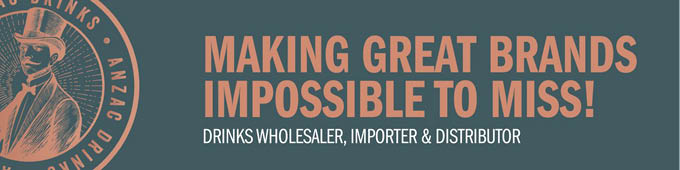 A vintage-style illustration of a person in a top hat is accompanied by bold text promoting a drinks wholesaler, importer, and distributor with the slogan making great brands impossible to miss. Description generated by AI