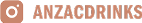 A stylized logo featuring a circular design with a dot in the center followed by the text “ANZAC DRINKS" in uppercase letters. Description generated by AI