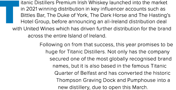 T itanic Distillers Premium Irish Whiskey launched into the market in 2021 winning distribution in key influencer acc...