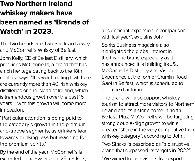 Two Northern Ireland whiskey makers have been named as ‘Brands of Watch’ in 2023. The two brands are Two Stacks in Ne...