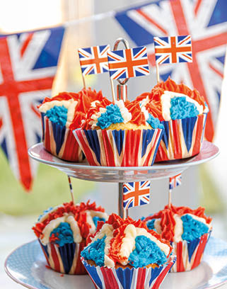 Platinum Jubilee Cupcakes in the Design of the Union Jack. Designed to celebrate the Queen's Jubilee but same image can be useful to celebrate the King Charles III's Coronation in UK 