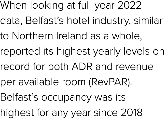 When looking at full year 2022 data, Belfast’s hotel industry, similar to Northern Ireland as a whole, reported its h...