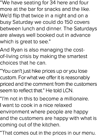 “We have seating for 34 here and four more at the bar for snacks and the like. We’d flip that twice in a night and on...