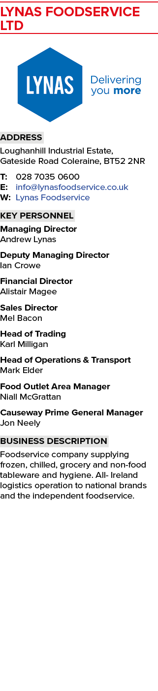 Lynas Foodservice Ltd ￼ Address Loughanhill Industrial Estate, Gateside Road Coleraine, BT52 2NR T: 028 7035 0600 E: ...