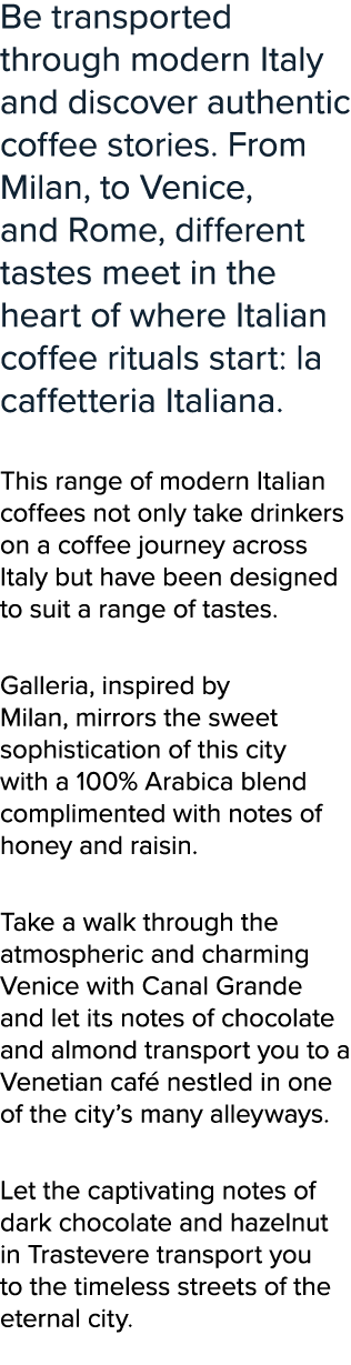 Be transported through modern Italy and discover authentic coffee stories. From Milan, to Venice, and Rome, different...