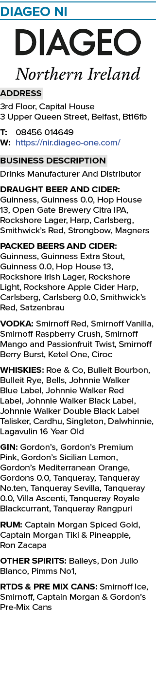 ﻿﻿Diageo NI ￼ Address 3rd Floor, Capital House 3 Upper Queen Street, Belfast, Bt16fb T: 08456 014649 W: https://nir.d...