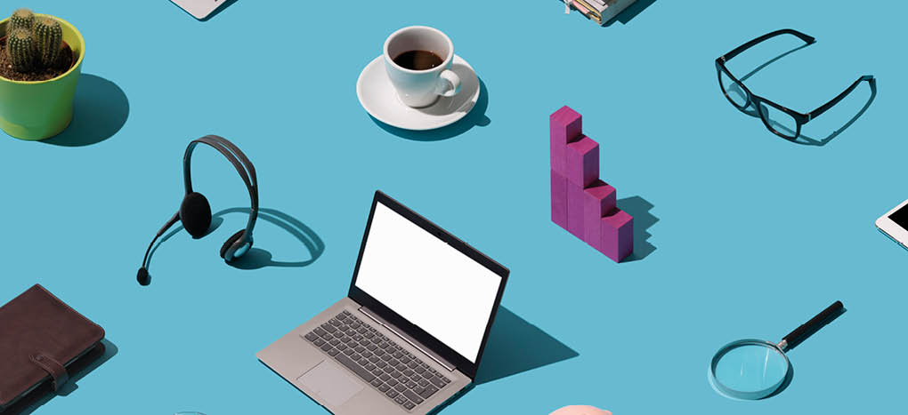 Collection of office objects, electronic devices and tools, business and office work background