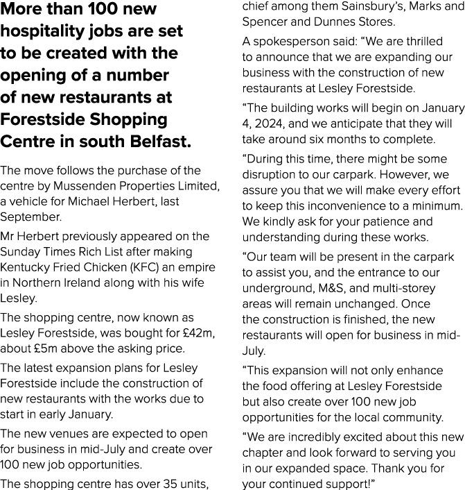 More than 100 new hospitality jobs are set to be created with the opening of a number of new restaurants at Forestsid...