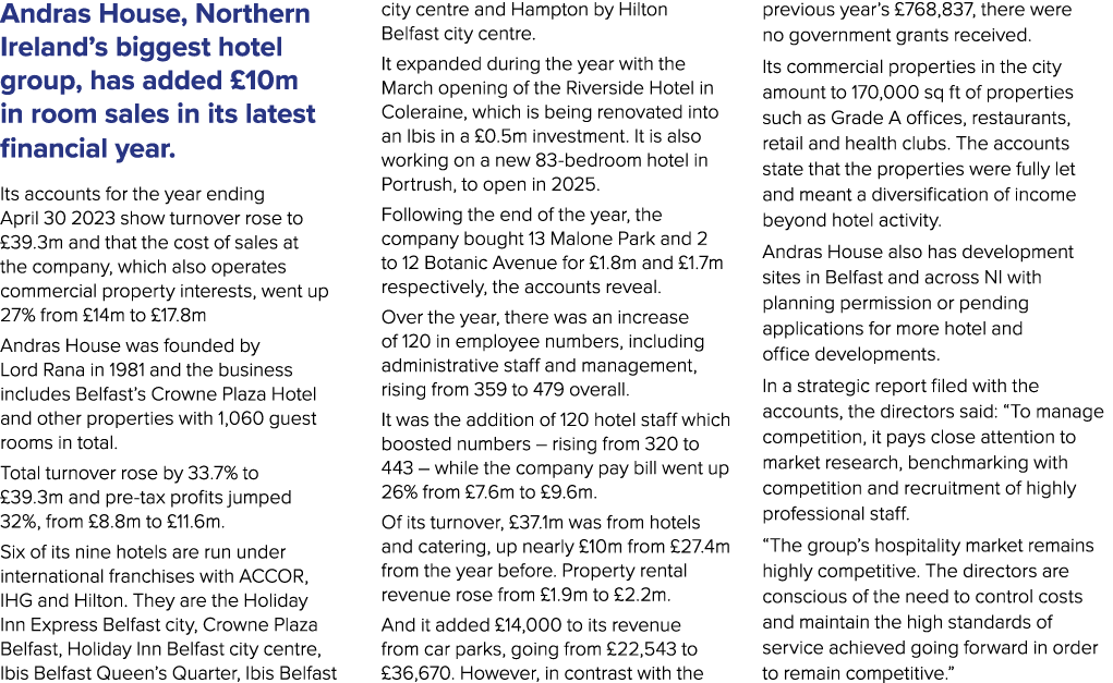 Andras House, Northern Ireland’s biggest hotel group, has added £10m in room sales in its latest financial year. Its ...