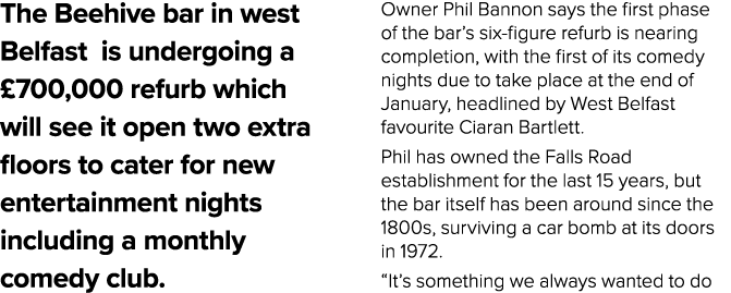 The Beehive bar in west Belfast is undergoing a £700,000 refurb which will see it open two extra floors to cater for ...