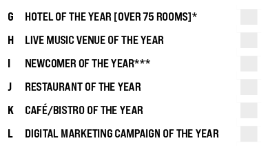 G,HOTEL OF THE YEAR [OVER 75 ROOMS]*,,H,LIVE MUSIC VENUE OF THE YEAR,,I,NEWCOMER OF THE YEAR***,,J,RESTAURANT OF THE ...