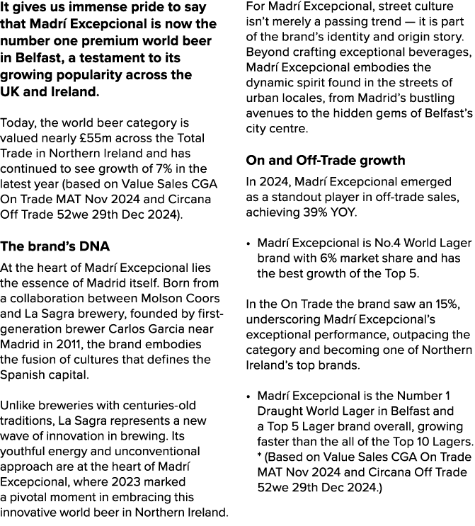 It gives us immense pride to say that Madr Excepcional is now the number one premium world beer in Belfast, a testam...