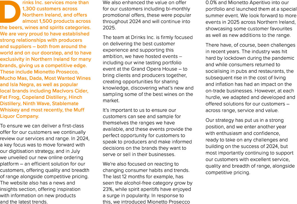 Drinks Inc. services more than 1,300 customers across Northern Ireland, and offers almost 1,500 products across the b...