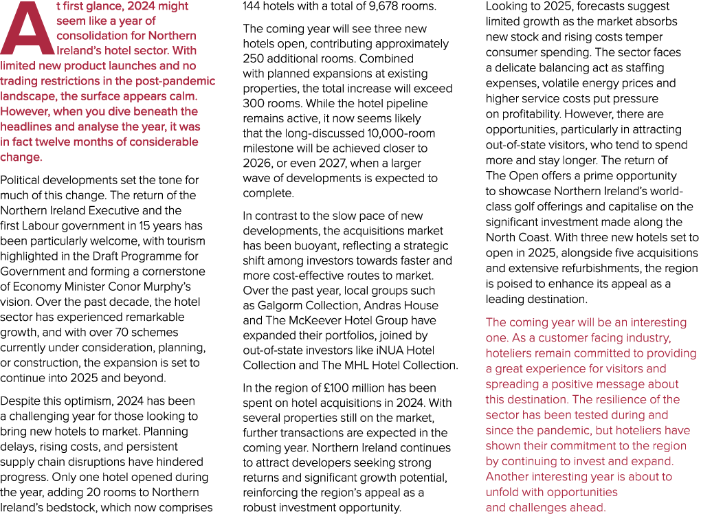 At first glance, 2024 might seem like a year of consolidation for Northern Ireland’s hotel sector. With limited new p...