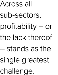 Across all sub sectors, profitability – or the lack thereof – stands as the single greatest challenge.