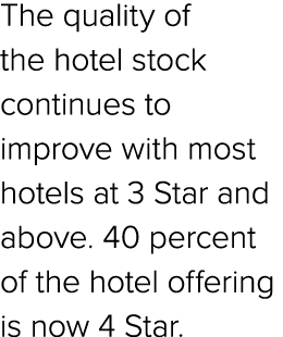 The quality of the hotel stock continues to improve with most hotels at 3 Star and above. 40 percent of the hotel off...