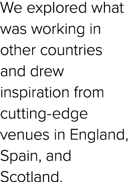 We explored what was working in other countries and drew inspiration from cutting edge venues in England, Spain, and ...
